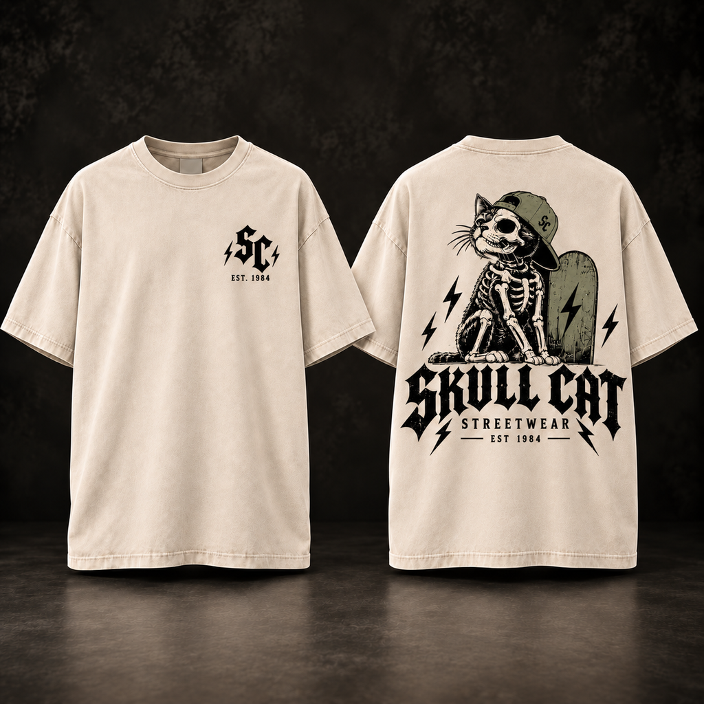 Bone Skater טי שירט אוברסייז בז׳ ווש – SKULL CAT