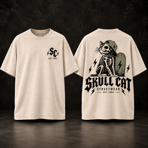 Bone Skater טי שירט אוברסייז בז׳ ווש – SKULL CAT