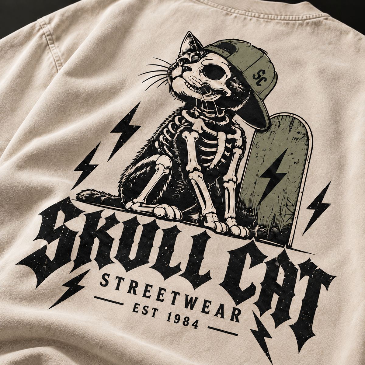 Bone Skater טי שירט אוברסייז בז׳ ווש – SKULL CAT