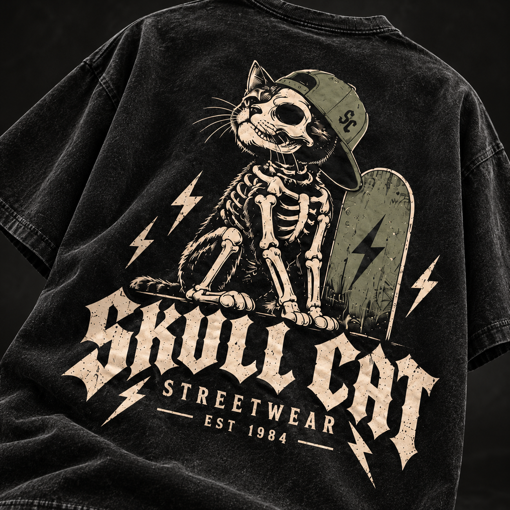 Bone Skater טי שירט אוברסייז שחור ווש – SKULL CAT