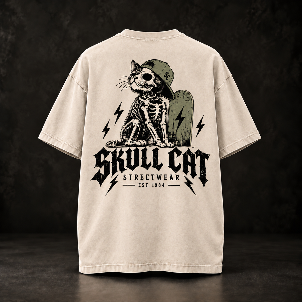 Bone Skater טי שירט אוברסייז בז׳ ווש – SKULL CAT