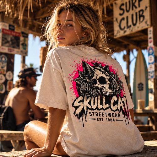 Neon Roses טי שירט אוברסייז בז׳ ווש – SKULL CAT
