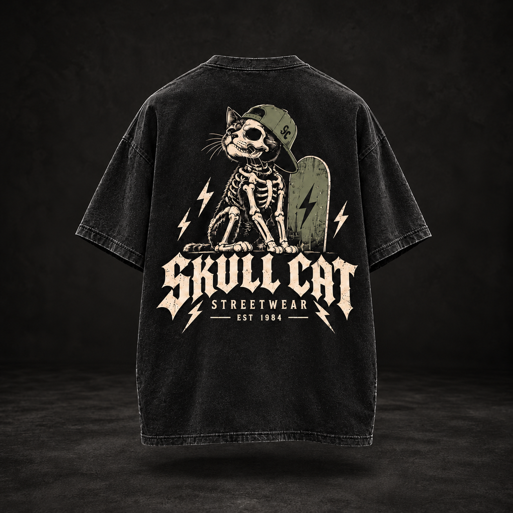 Bone Skater טי שירט אוברסייז שחור ווש – SKULL CAT