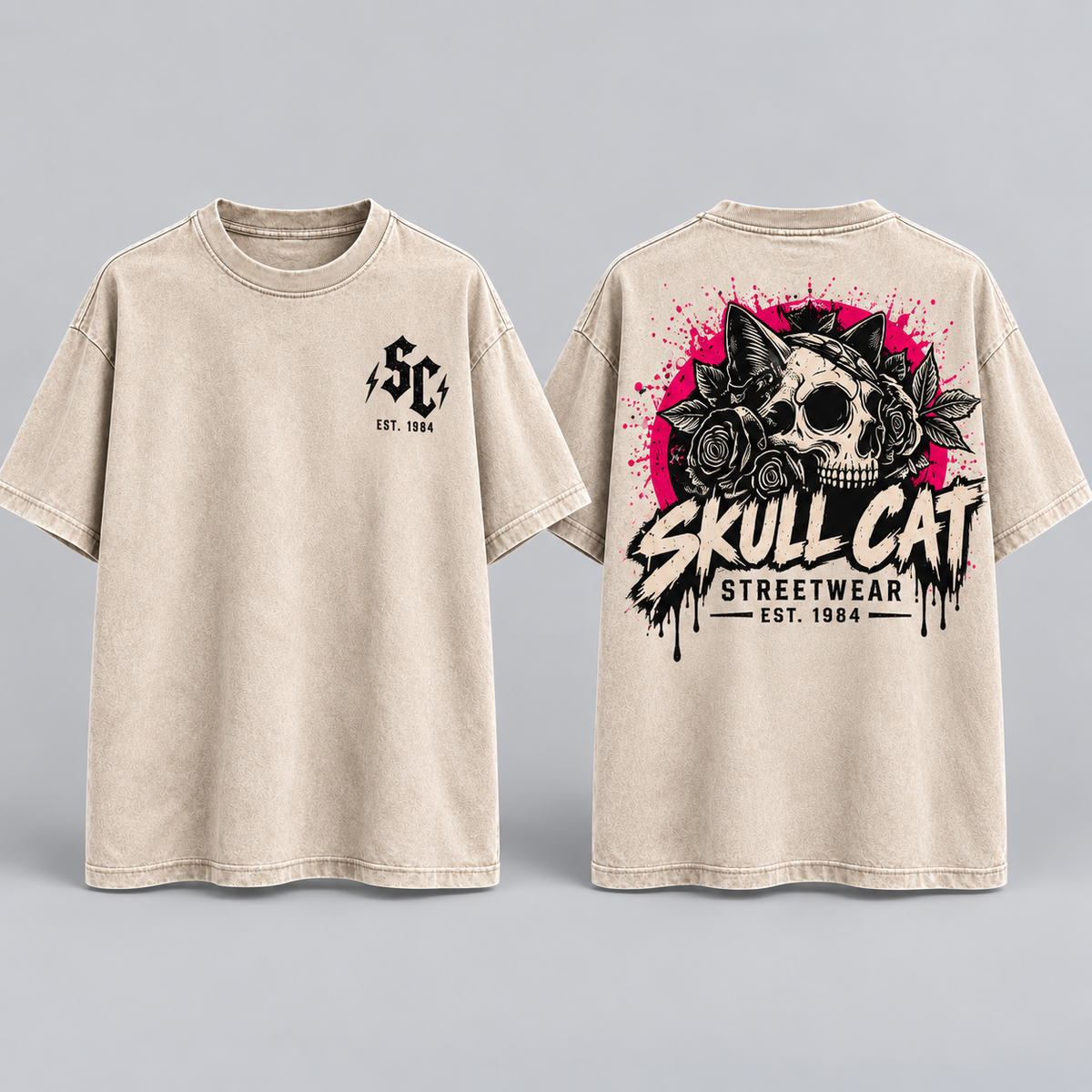 Neon Roses טי שירט אוברסייז בז׳ ווש – SKULL CAT