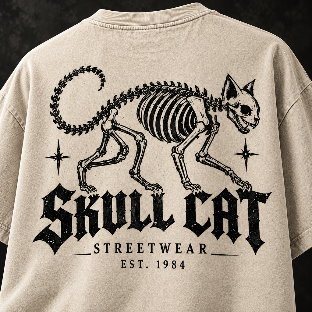 Bone Walker טי שירט אוברסייז בז׳ ווש – SKULL CAT