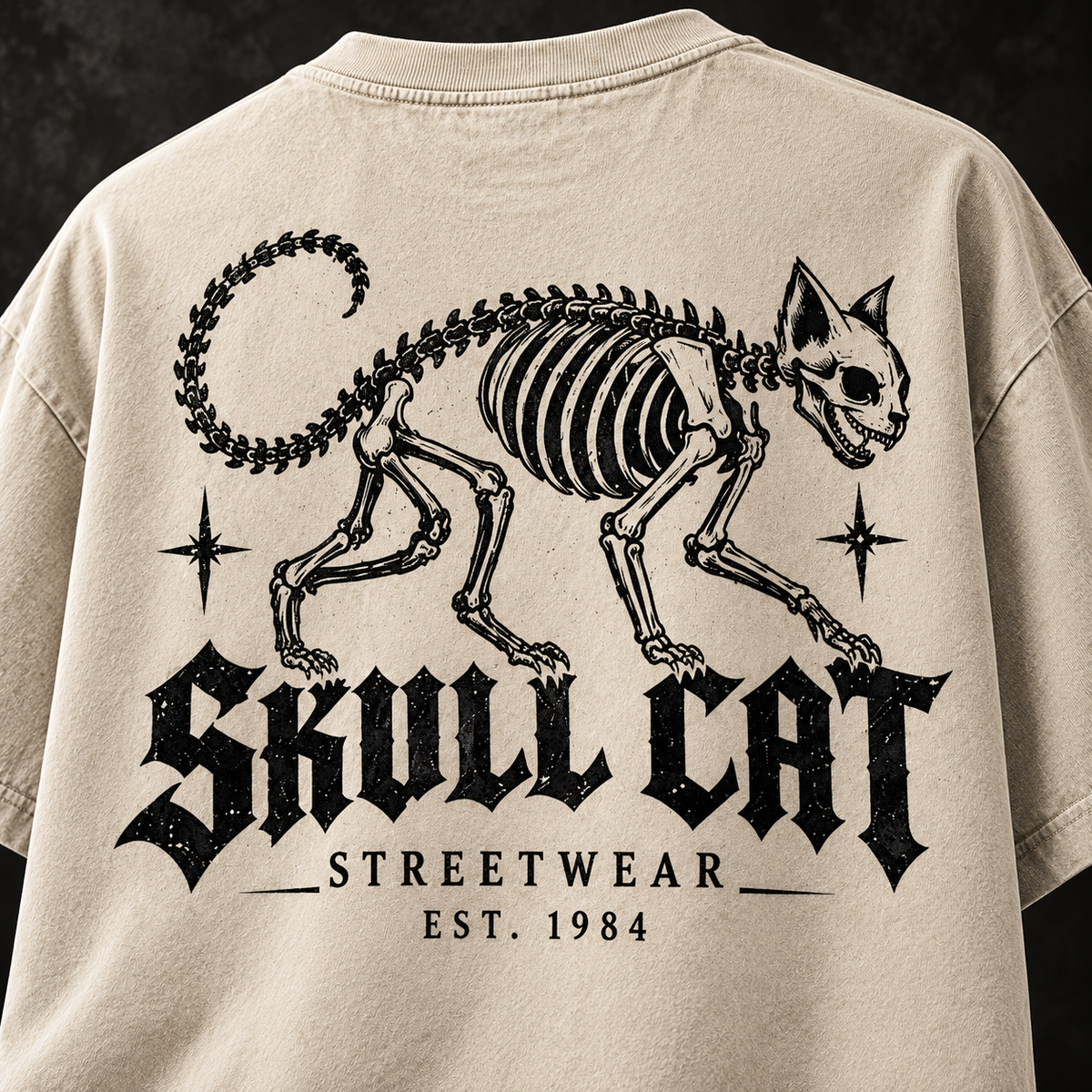 Bone Walker טי שירט אוברסייז בז׳ ווש – SKULL CAT