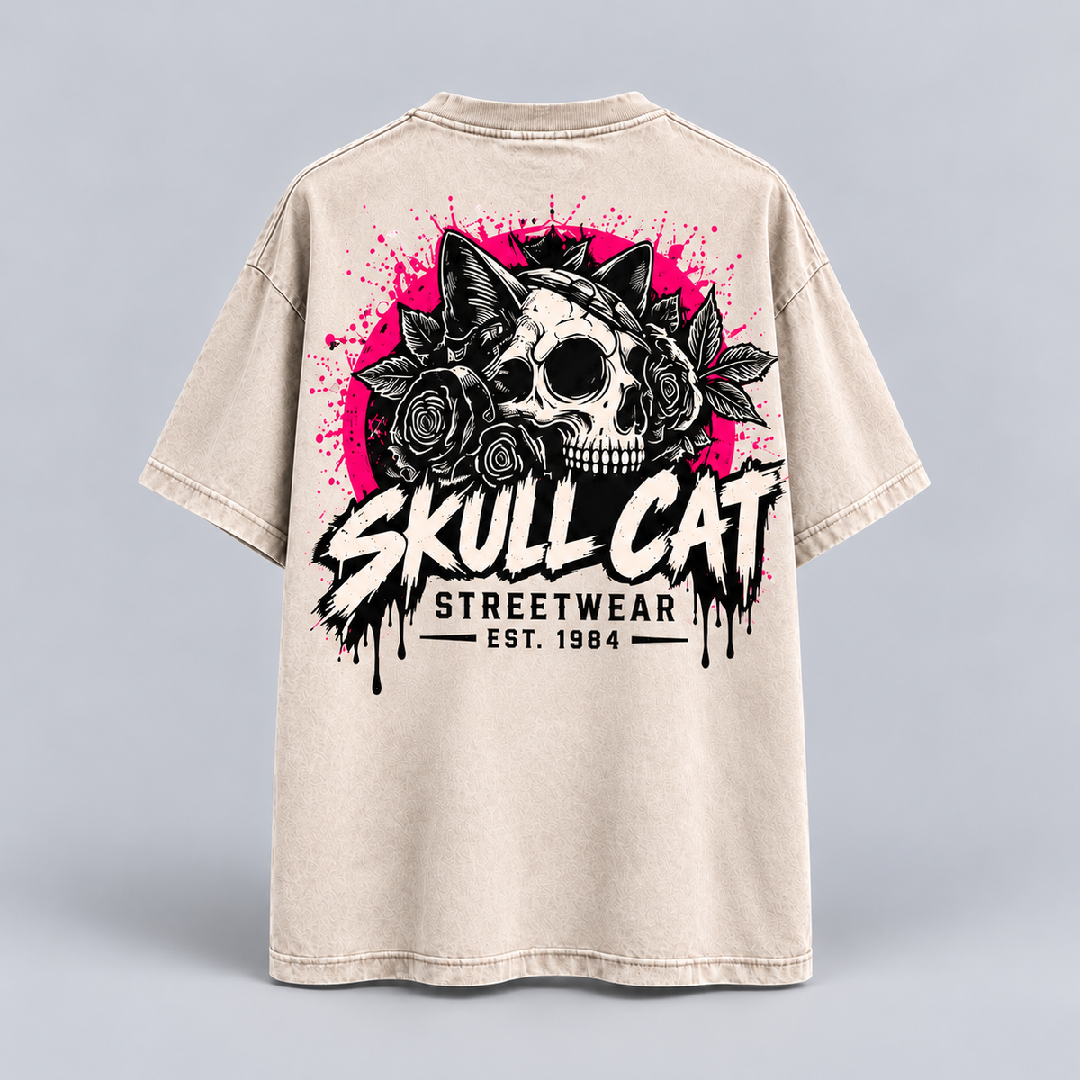 Neon Roses טי שירט אוברסייז בז׳ ווש – SKULL CAT