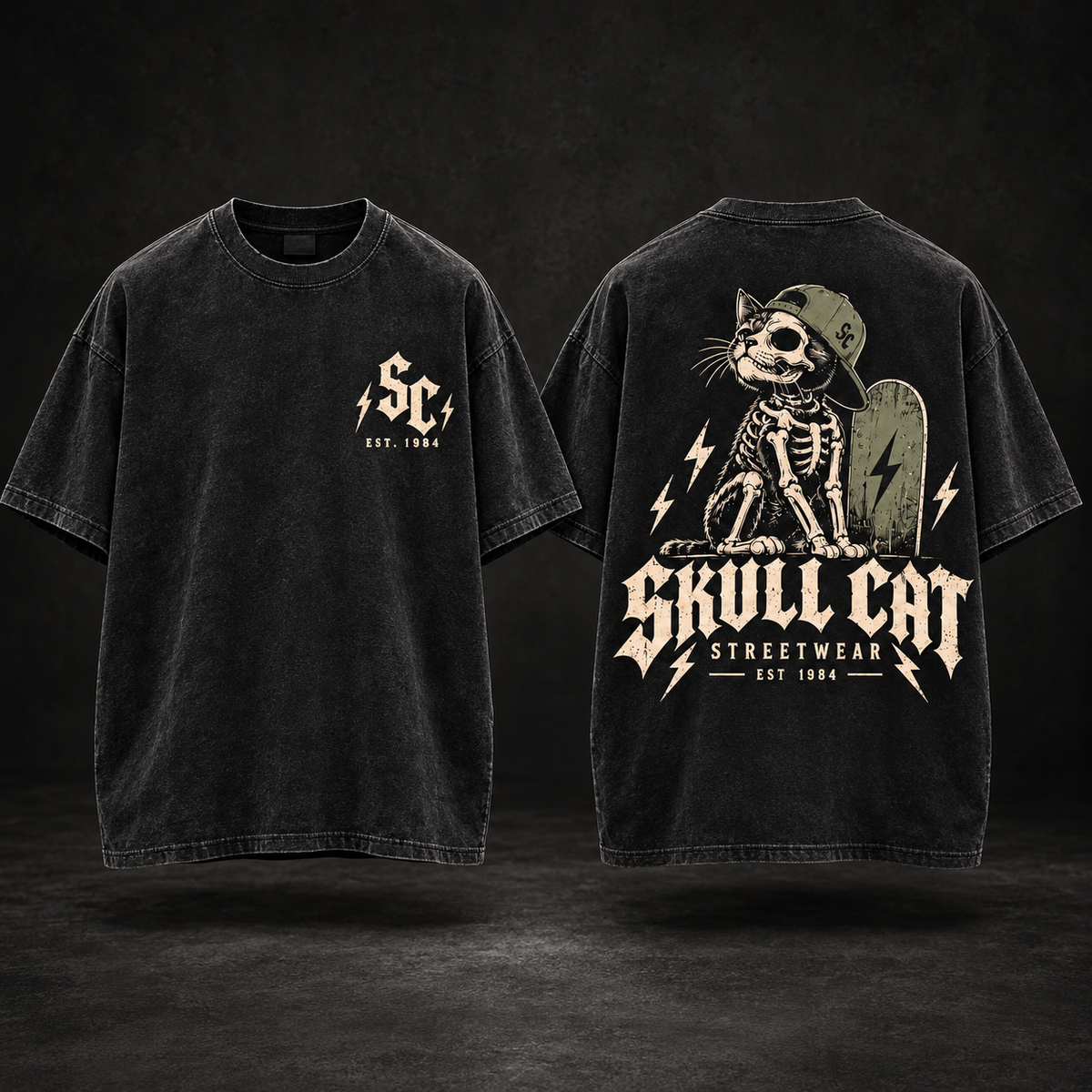 Bone Skater טי שירט אוברסייז שחור ווש – SKULL CAT